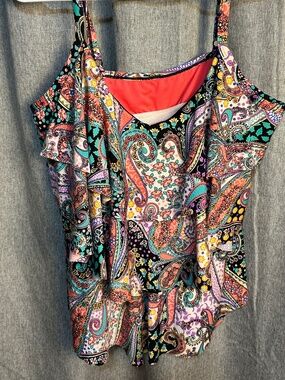 Kenneth Cole Reaction Paisley Tiered Ruffle Tankini Swim Top